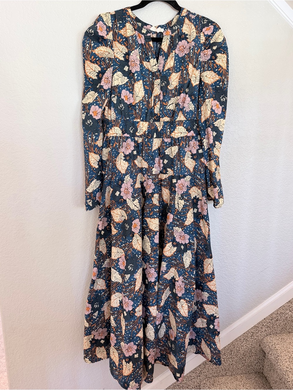 Melloday Navy Blue Floral Puff Sleeve Midi Dress Size L